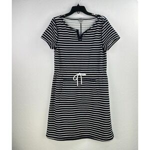 T By Talbots Sweatshirt Dress‎ Womens M Blue White Striped Tie Waist Shimmer